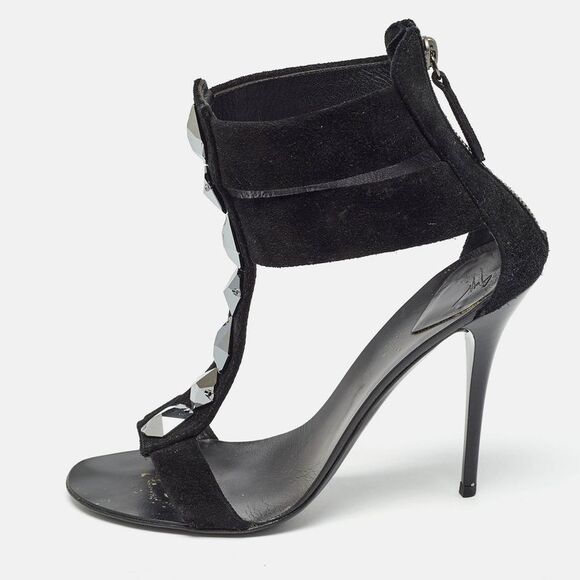 Giuseppe Zanotti Black Suede Crystal Embellished T-Bar Ankle Strap Sandals Size